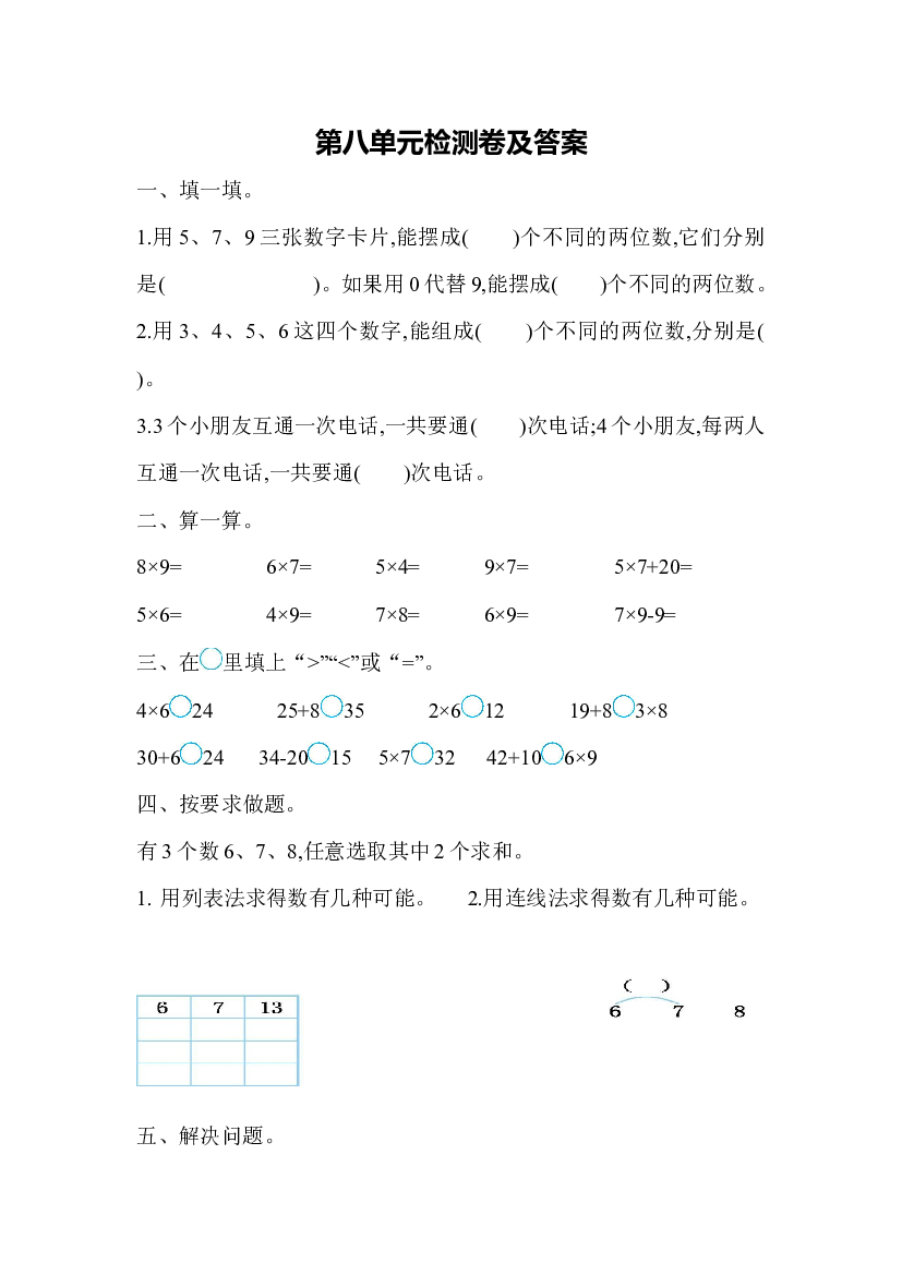 人教版数学二年级上第八单元测试题（含参考答案）.docx