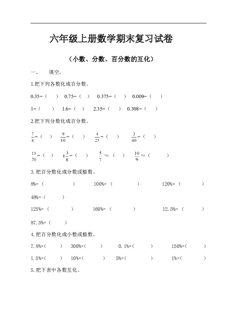 人教版六年级上册数学（小数、分数、百分数的互化）试卷.doc