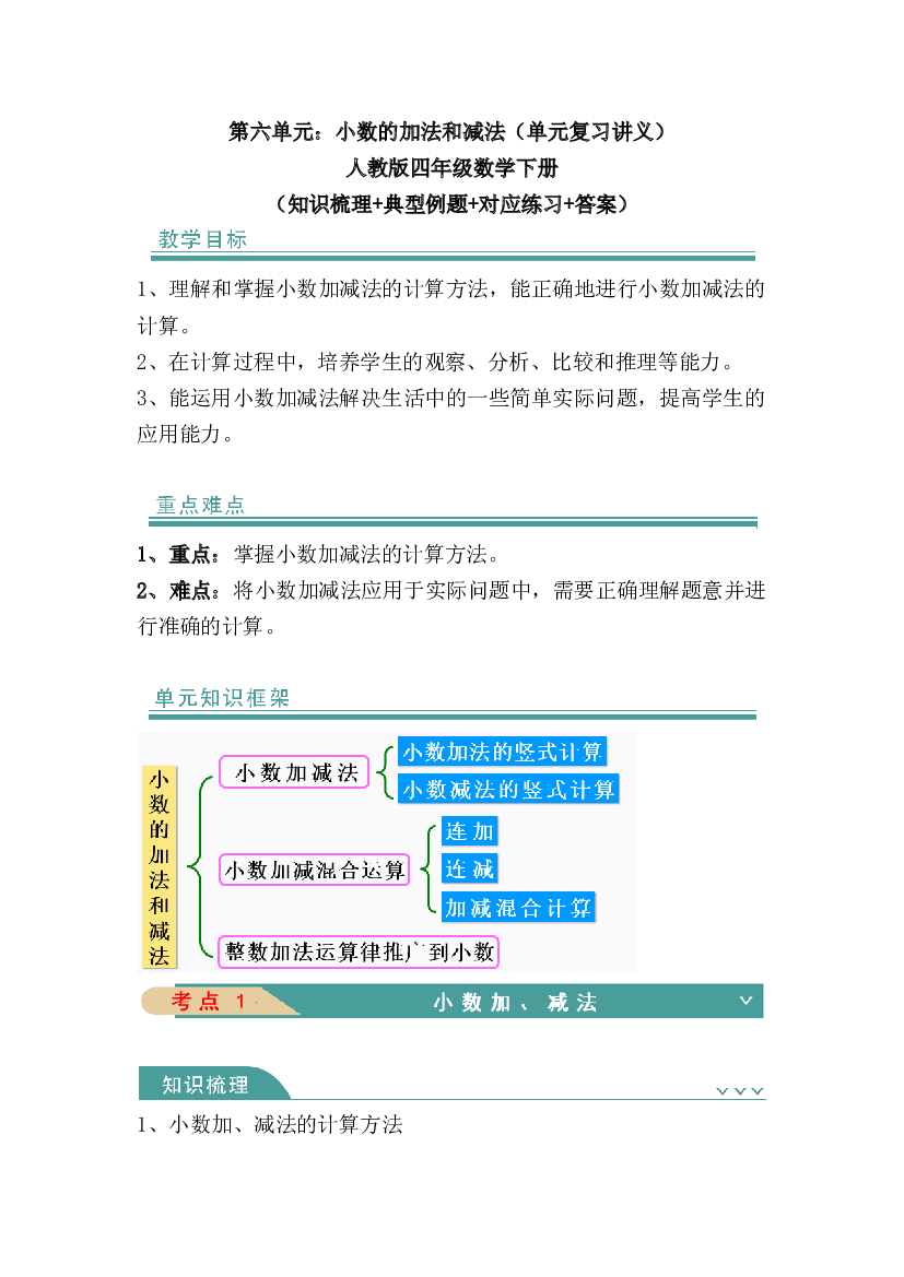 第六单元：小数的加法和减法（知识清单）-四年级数学下册 人教版.docx