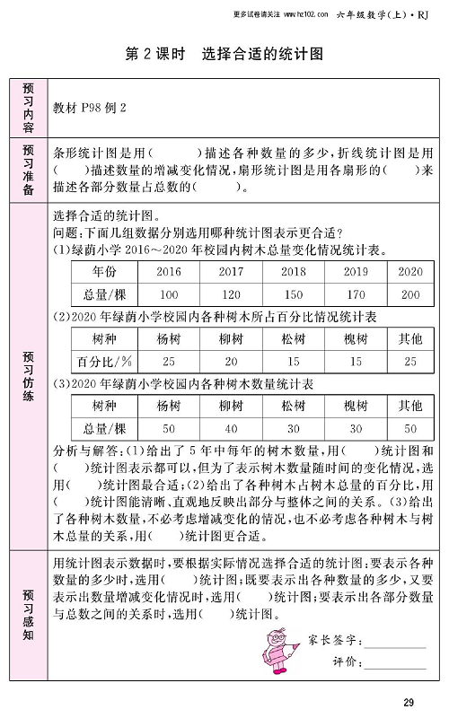 人教版数学六年级上册金牌作业本预习单_第2课时、选择合适的统计图.pdf