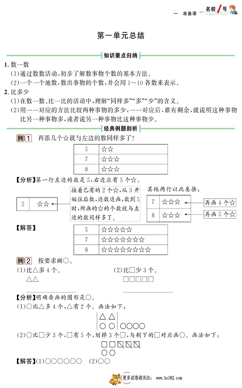 人教版数学一年级上册金牌作业本同步课本《第一单元总结》.pdf