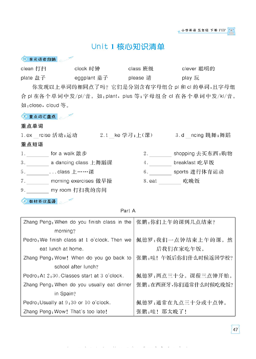 黄冈名师天天练五年级下册英语人教PEP版单元知识_核心知识清单  Unit  1.pdf