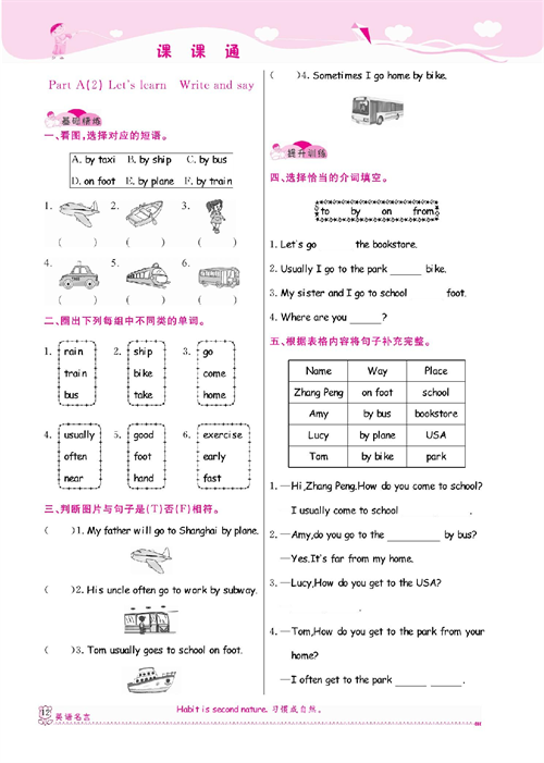 人教PEP版英语六年级上册《课课通-同步随堂检测》Unit 2 Ways to go to school.pdf