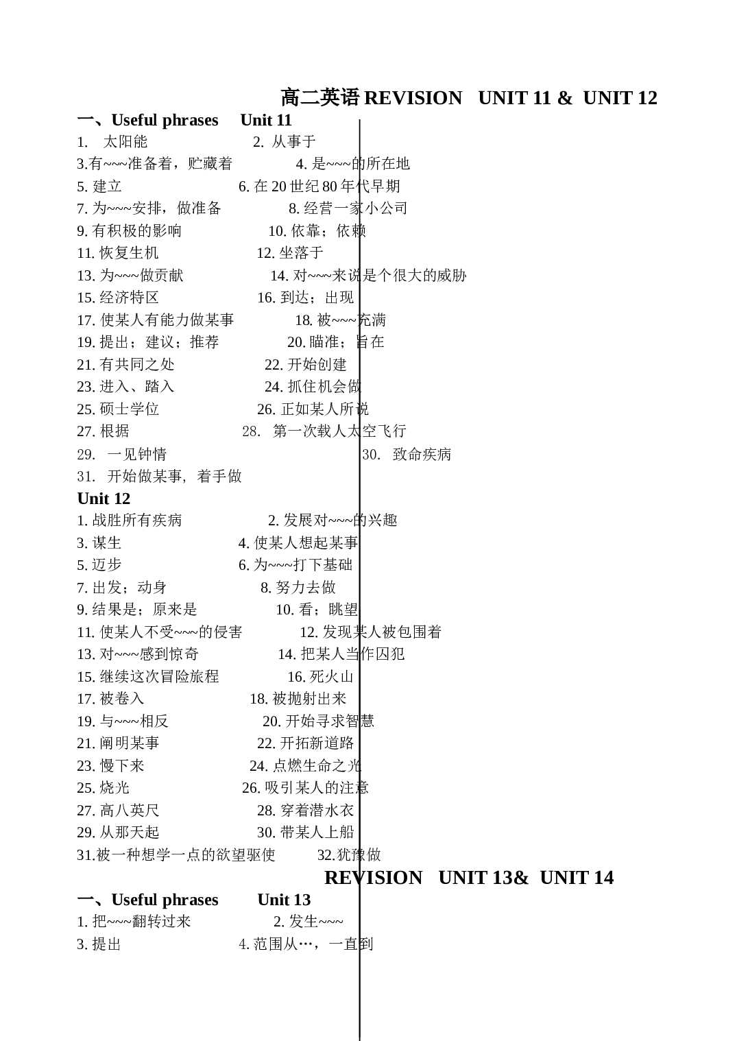 高二英语REVISION   UNIT 11 &amp;  UNIT 12.doc