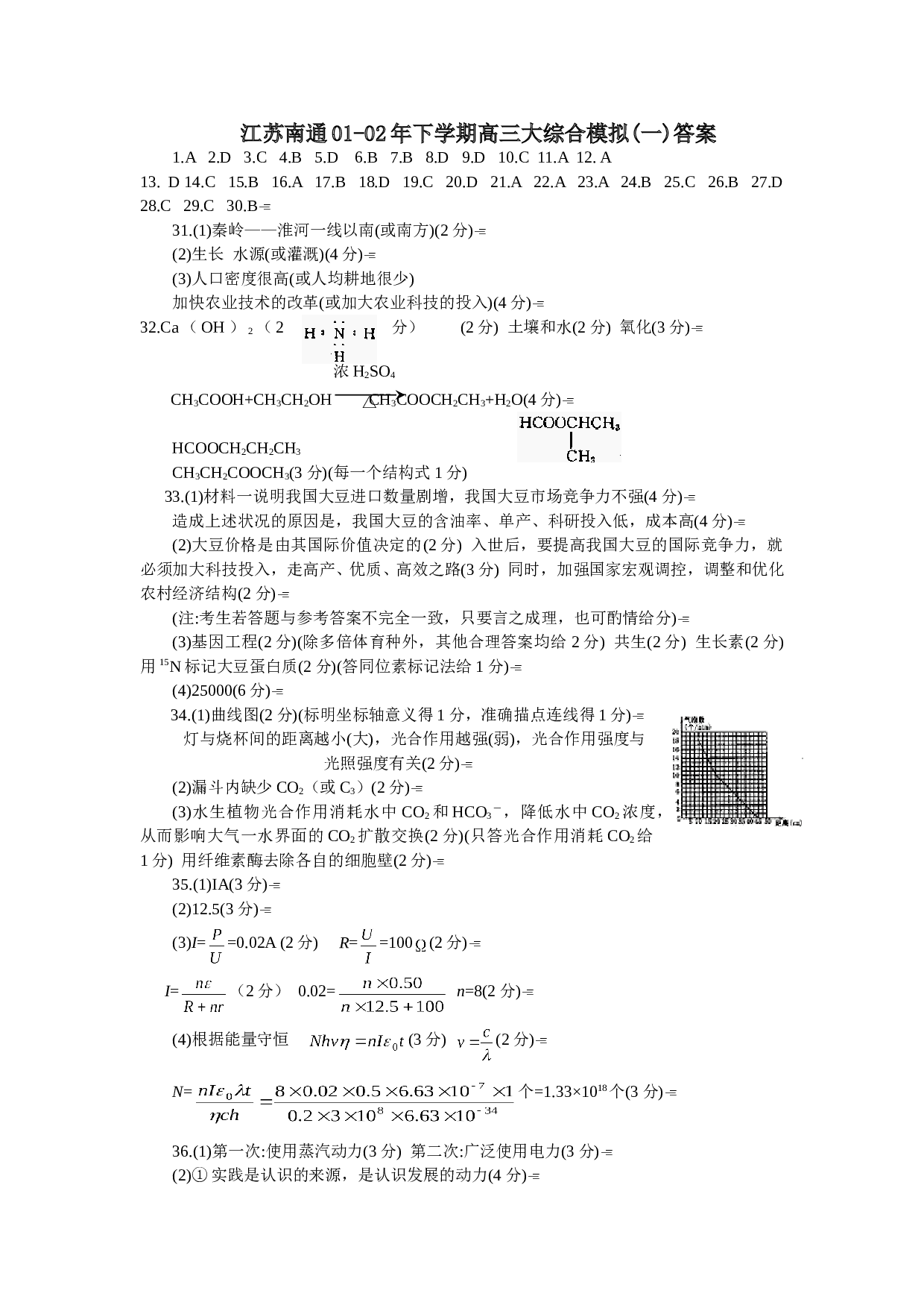 江苏南通01-02年下学期高三大综合模拟(一)答案.doc