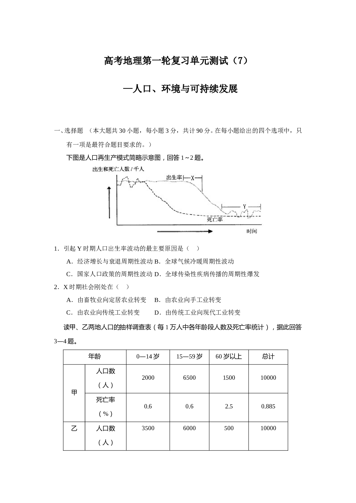 高考地理第一轮复习单元测试（7） &mdash;人口、环境与可持续发展.doc