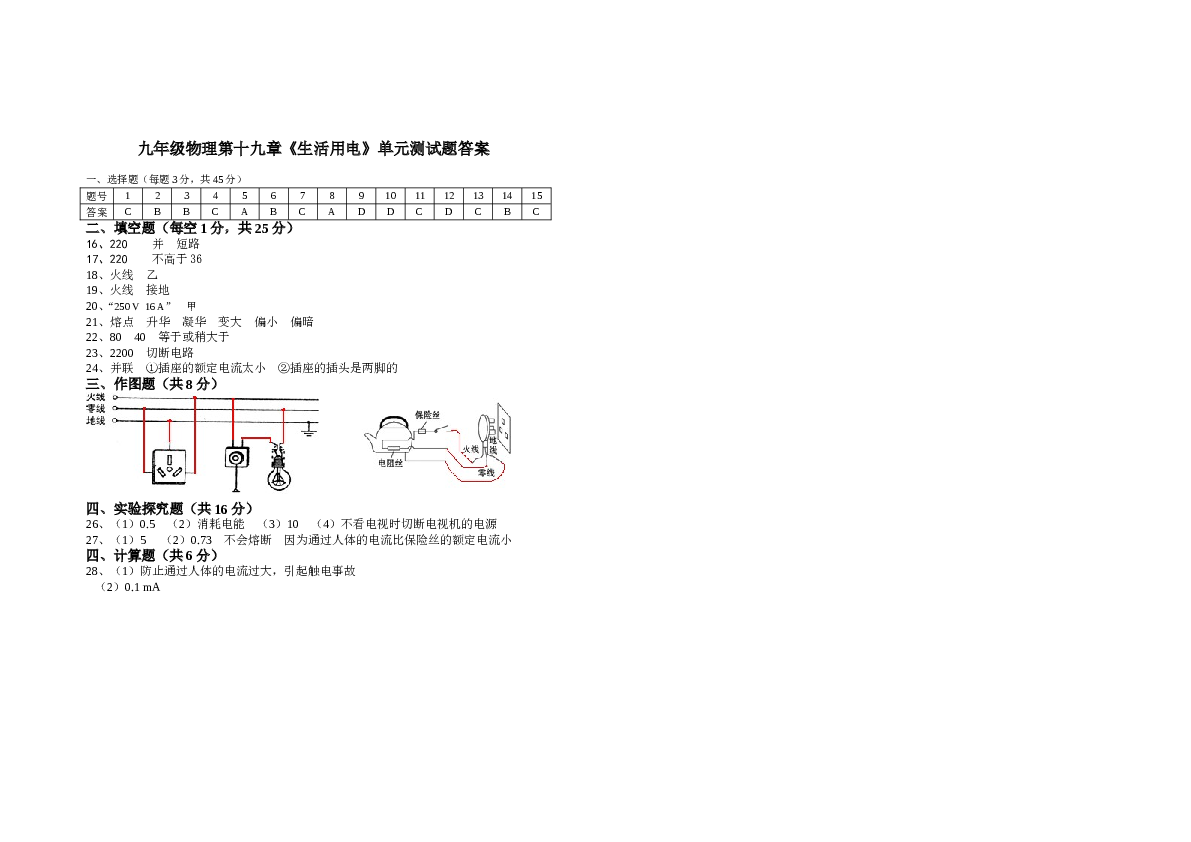 九年级物理第十九章《生活用电》单元测试题.doc