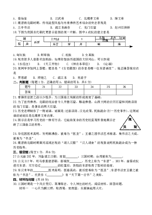 七年级上册历史第4单元-三国两晋南北朝时期政权分立与民族交融-单元测试卷（含答案）.doc