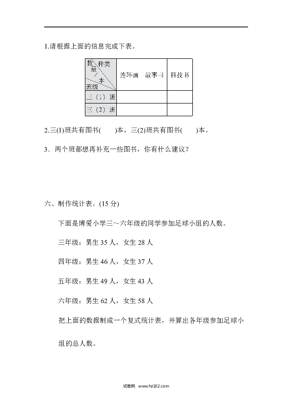 三年级人教版数学下册单元测试卷第3单元复式统计表、周测培优卷、复式统计表的能力检测卷.docx