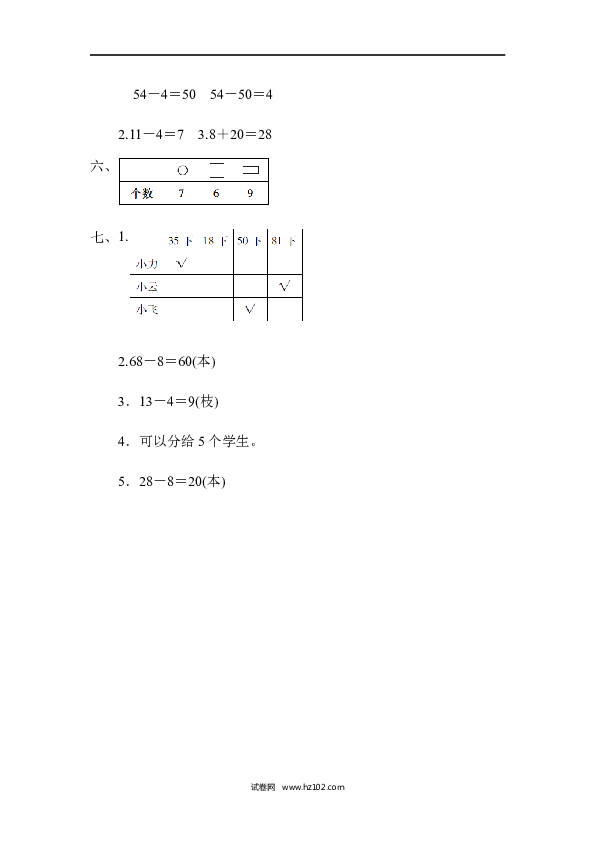 人教版一年级数学下册一年级第二学期数学期中测试卷(二).docx