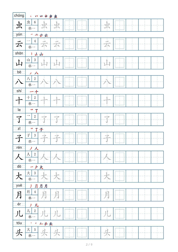 小学小学一年级上册生字表字帖100字（共9页）_部分1.pdf