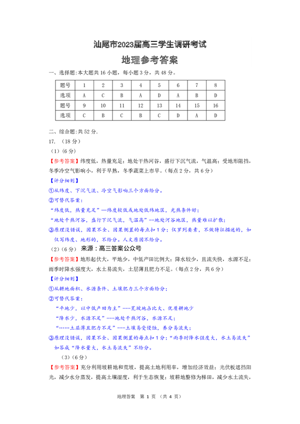 广东省汕尾市2023届高三学生调研考试地理试题地理答案.pdf