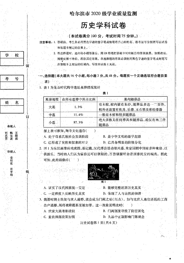 2023届黑龙江省哈尔滨市高三上学期学业质量监测历史试题.pdf