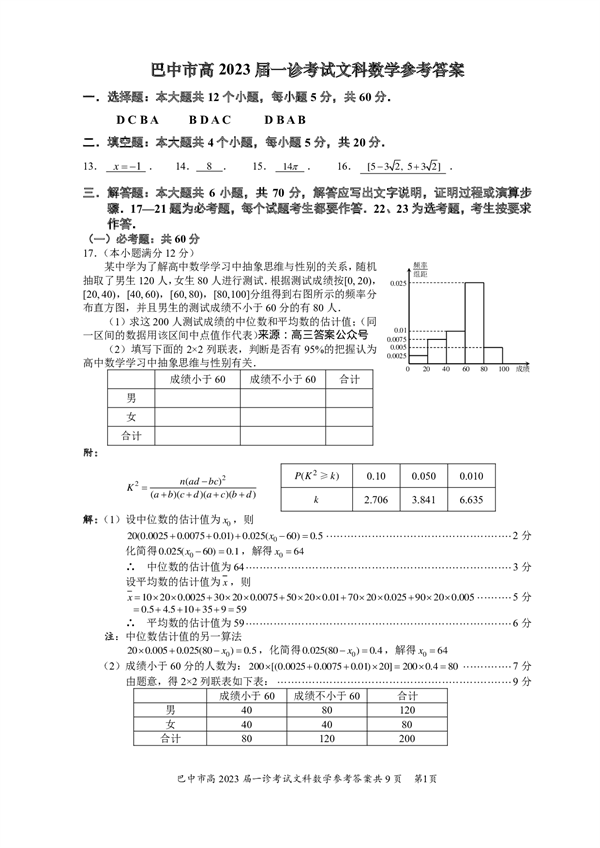 四川省巴中市普通高中2020级&ldquo;一诊&rdquo;考试数学（文科）参考答案.pdf