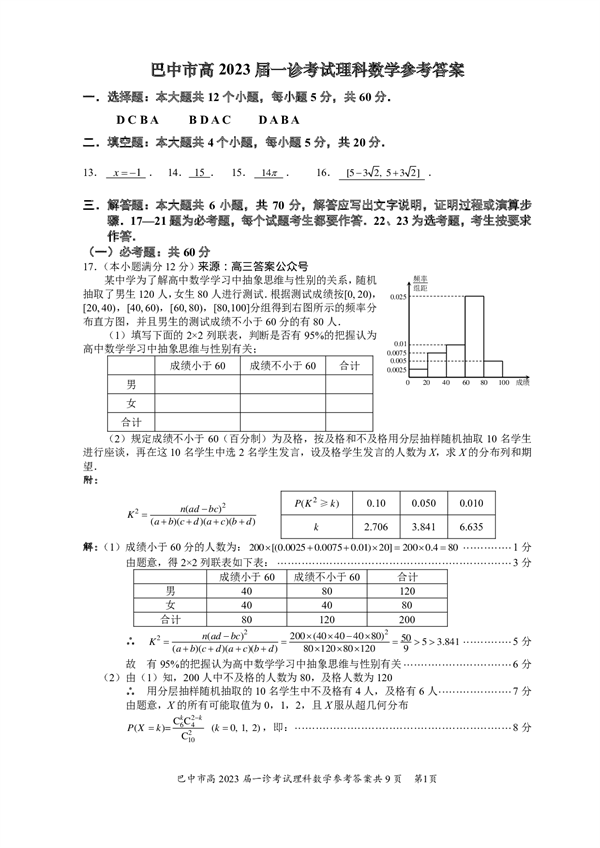 四川省巴中市普通高中2020级&ldquo;一诊&rdquo;考试数学（理科）参考答案.pdf