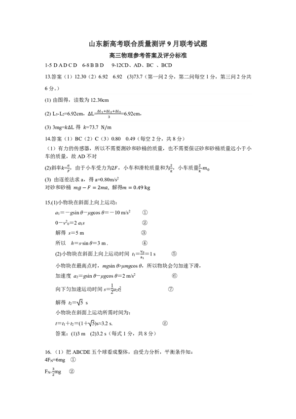 山东新高考联合质量测评9月联考试题高三物理参考答案及评分标准.pdf