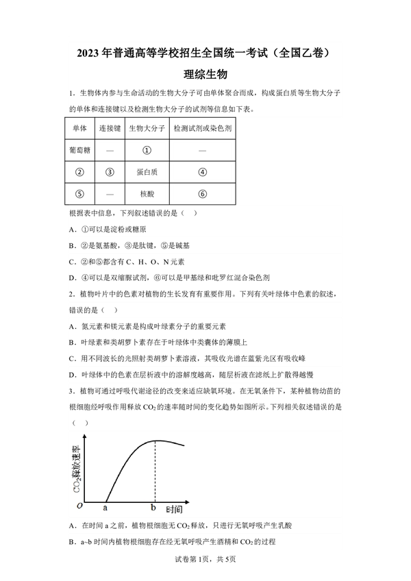 2023年普通高等学校招生全国统一考试（全国乙卷）理综生物.pdf