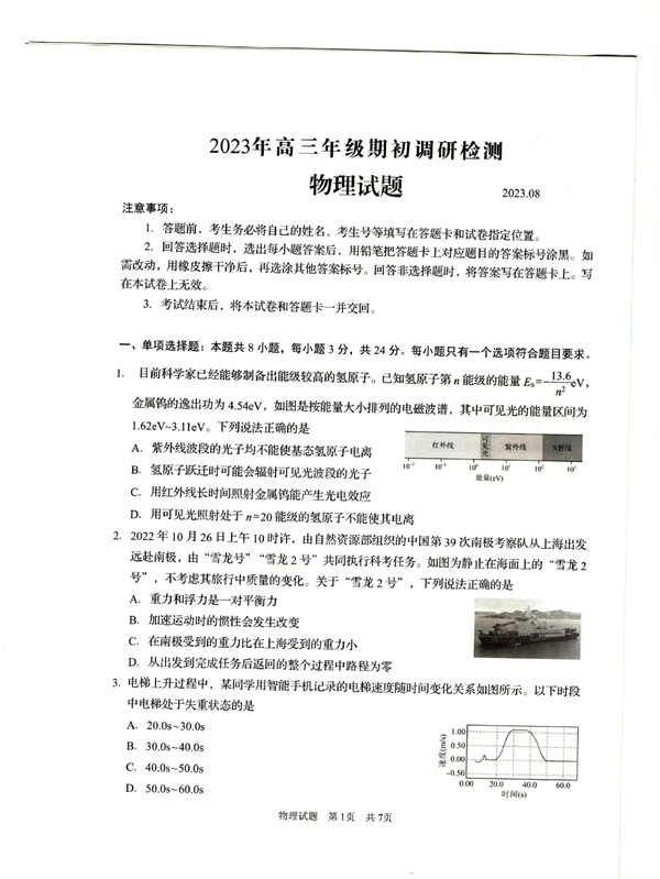 山东省青岛市2023年高三年级期初物理调研试题 .pdf