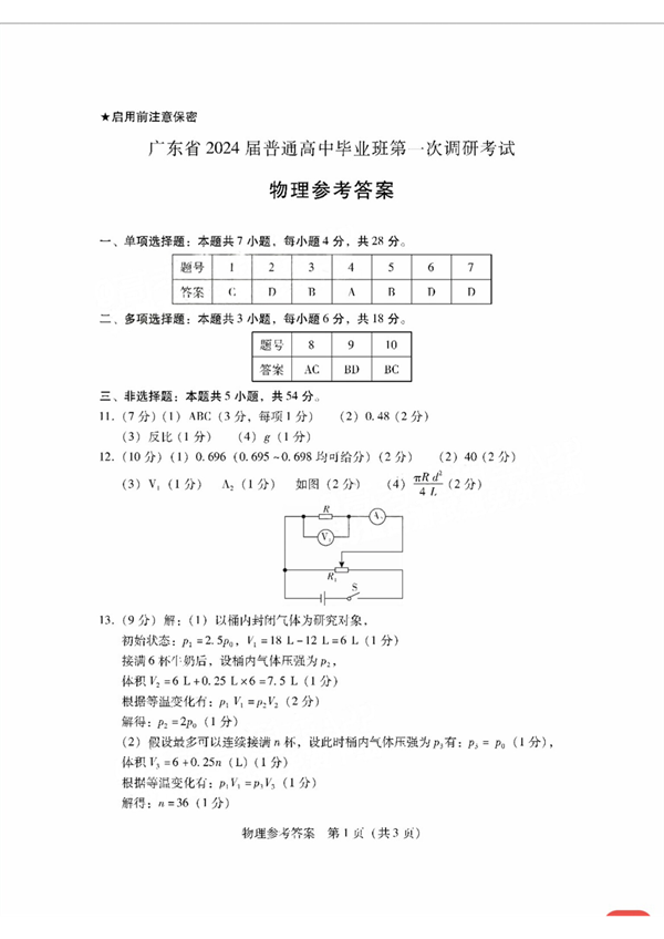 广东省2024届普通高中毕业班第一次调研考试物理参考答案.pdf