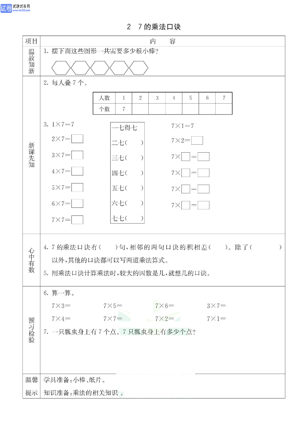 小学青岛版五四制二年级（上册）数学预习_2、7的乘法口诀.pdf