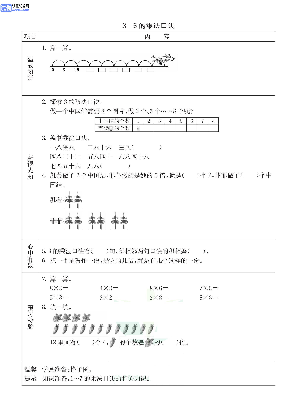 小学青岛版五四制二年级（上册）数学预习_3、8的乘法口诀.pdf