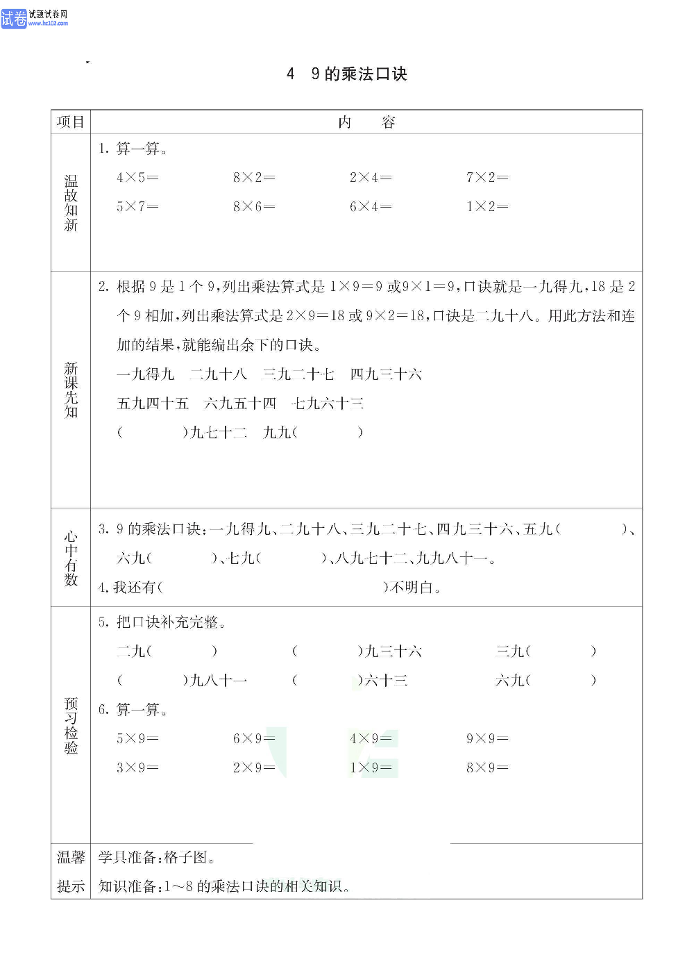 小学青岛版五四制二年级（上册）数学预习_4、9的乘法口诀.pdf