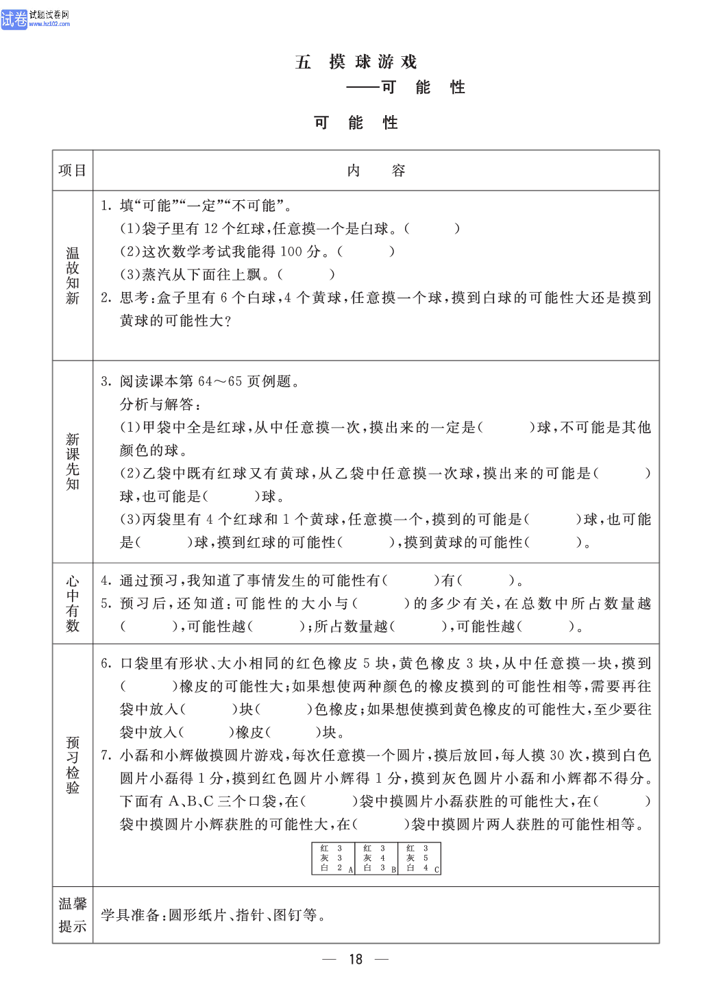 小学青岛版五四制五年级（上册）数学预习_五、摸球游戏一可能性.pdf