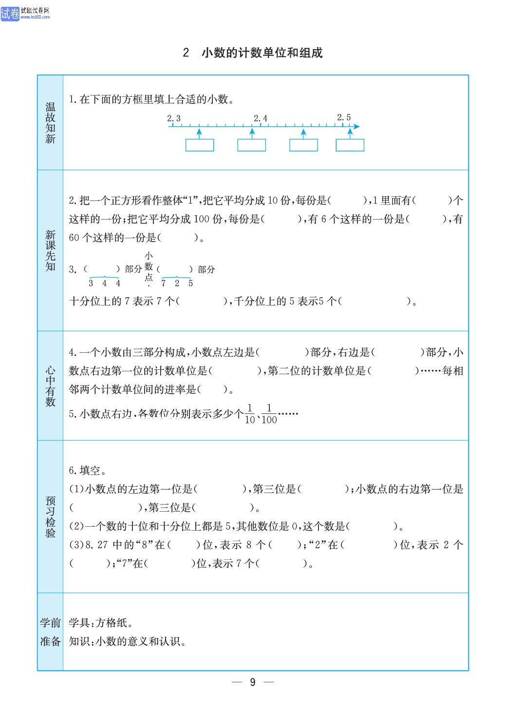 小学苏教版五年级上册数学预习题_2、小数的计数单位和组成.pdf