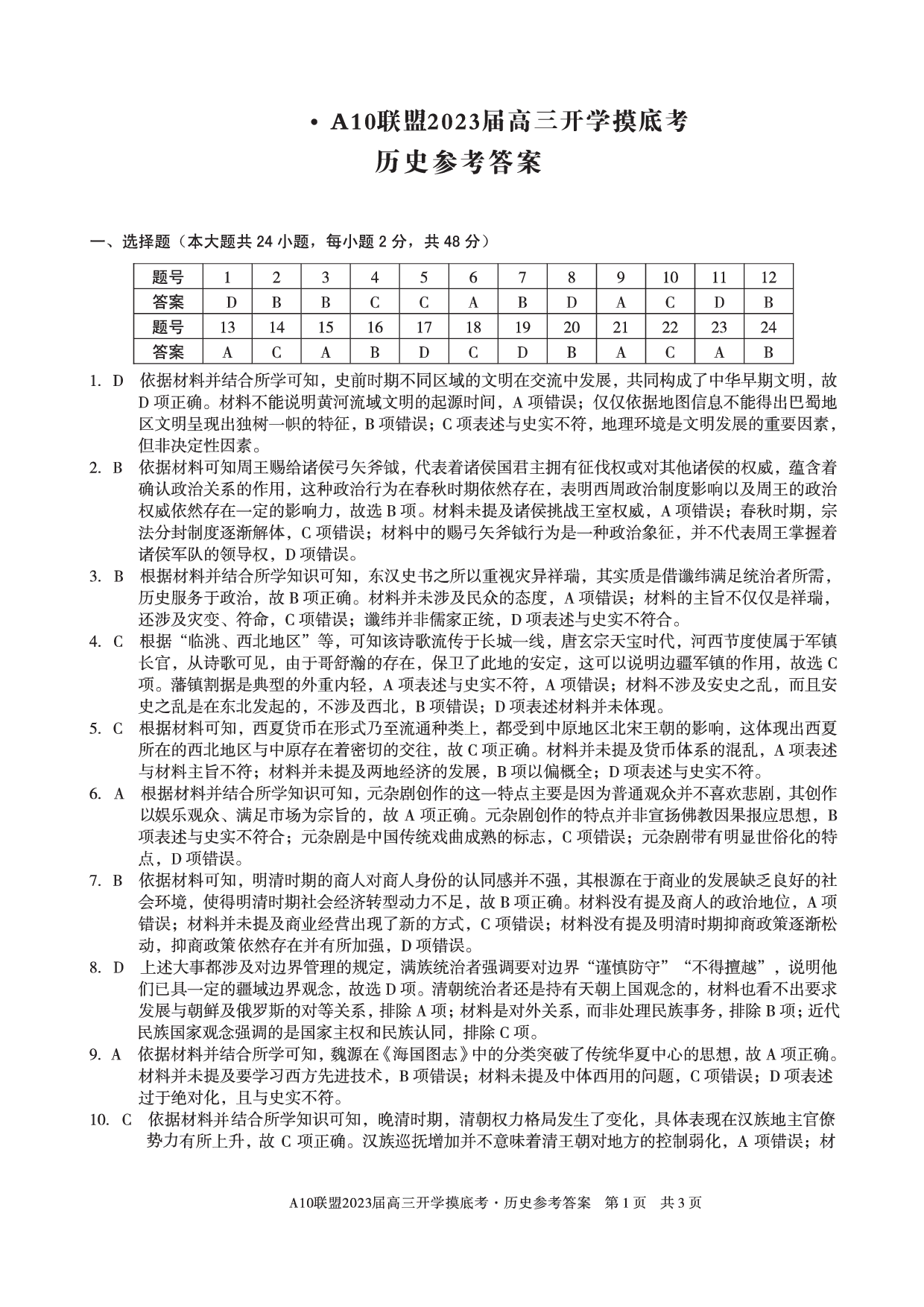 A10联盟2023届高三开学摸底考历史参考答案.pdf