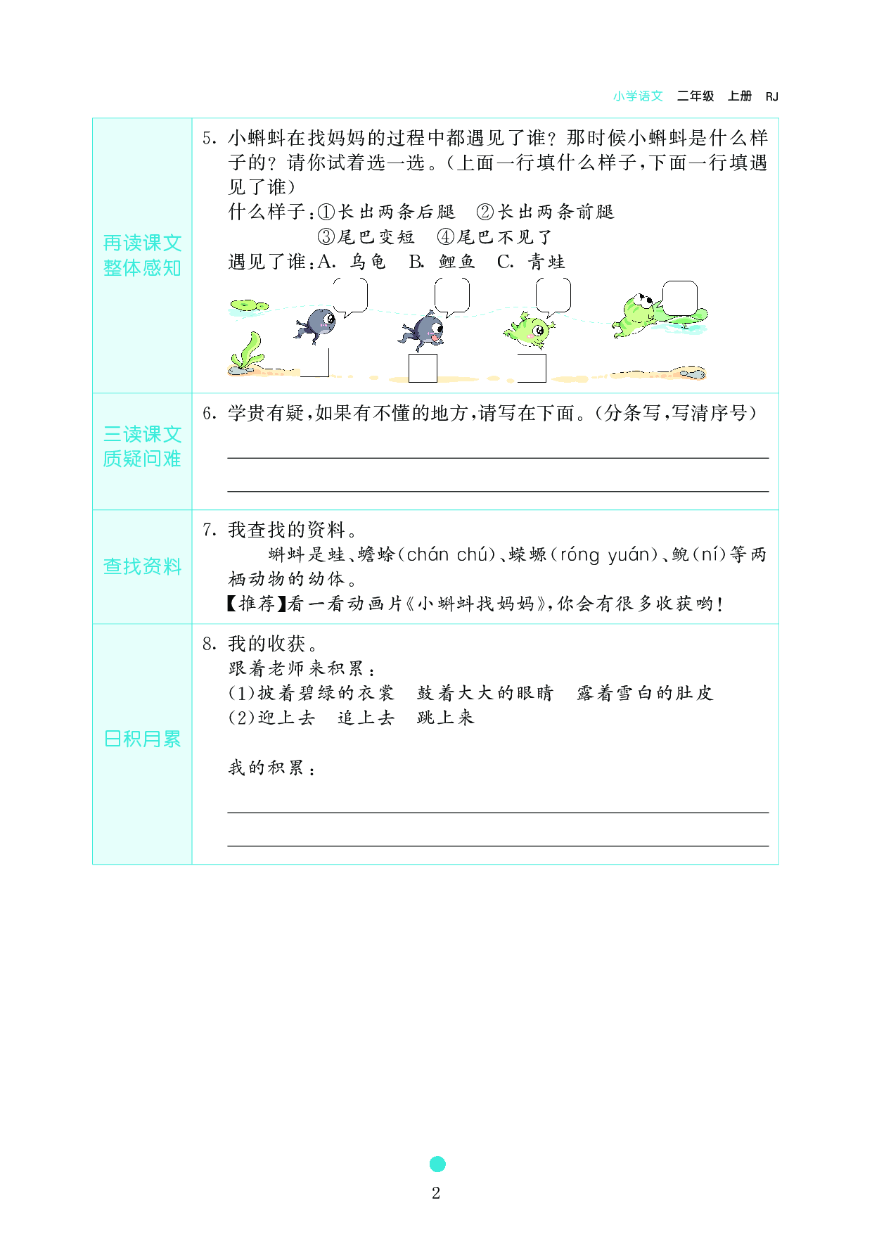 小学二年级语文上册《课前预习目标》1 小蝌蚪找妈妈.pdf