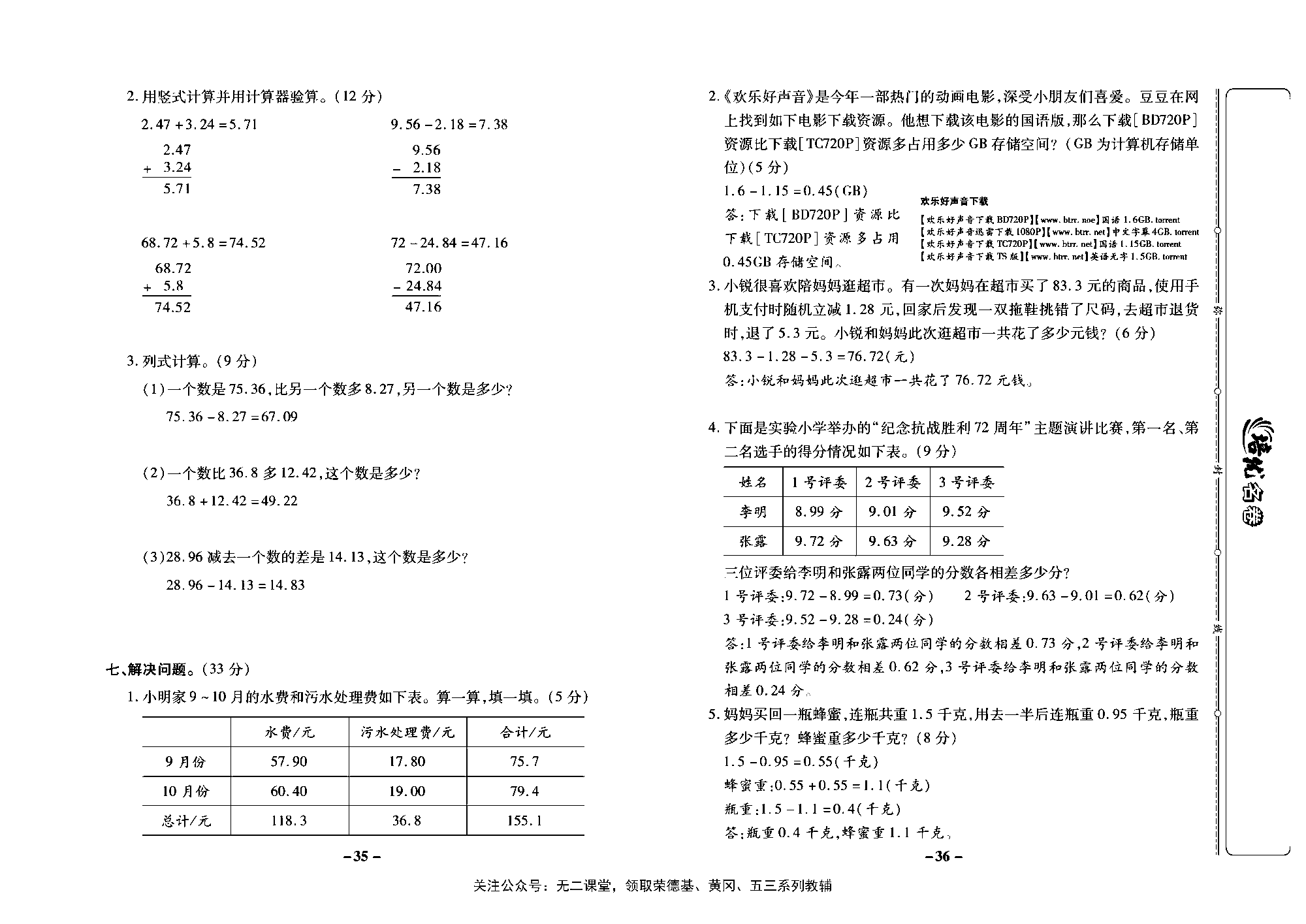 培优名卷五年级上册数学苏教版教师用书（含答案）_第六周培优测评卷（小数的加法和减法）.pdf