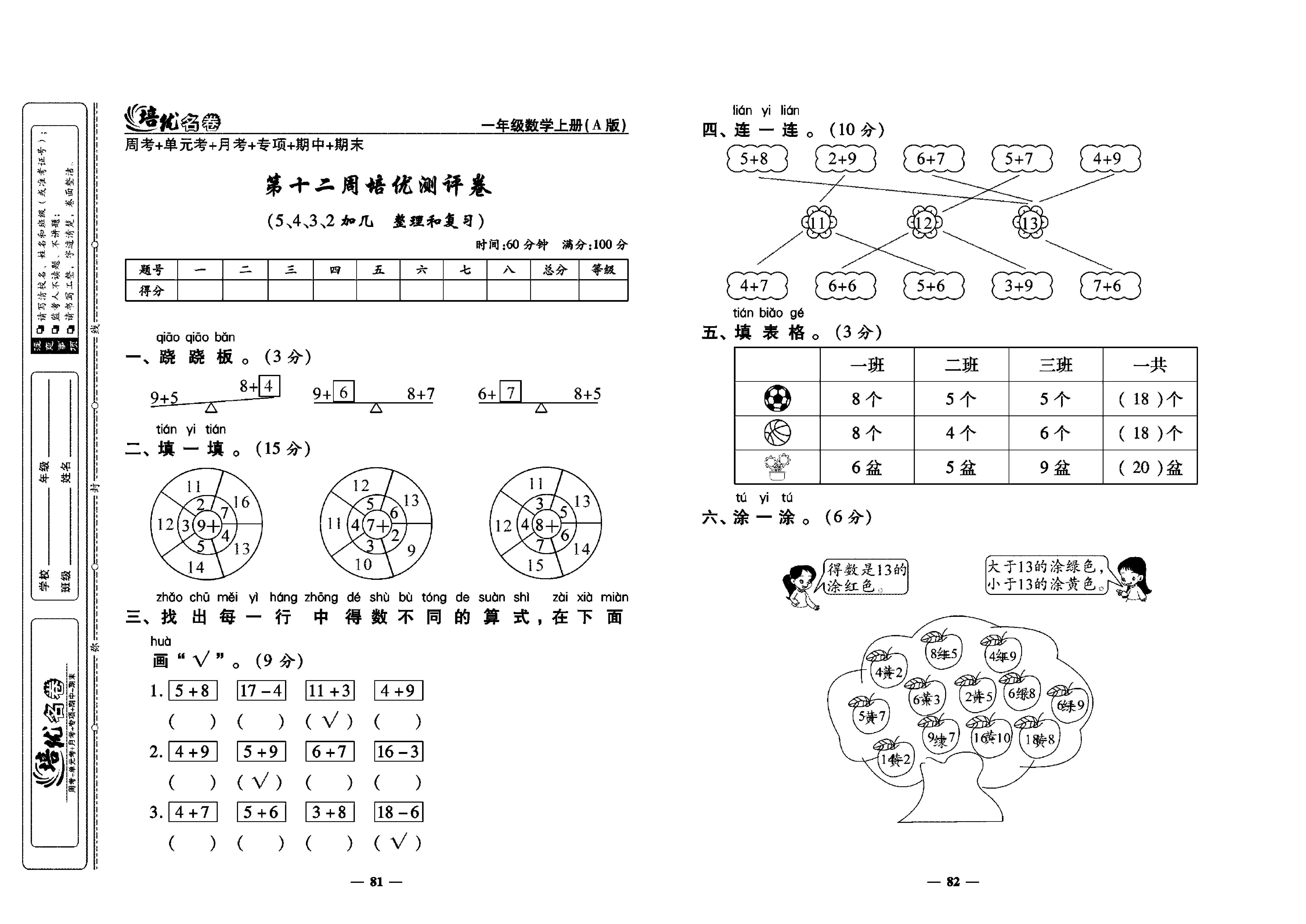 培优名卷一年级上册数学人教版教师用书（含答案）_第十二周培优测评卷（5、4、3、2加几  整理和复习）.pdf