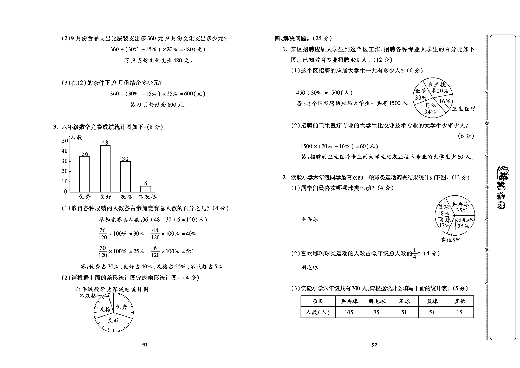 培优名卷六年级上册数学人教版教师用书（含答案）_第十五周培优测评卷(专项三：统计与概率).pdf