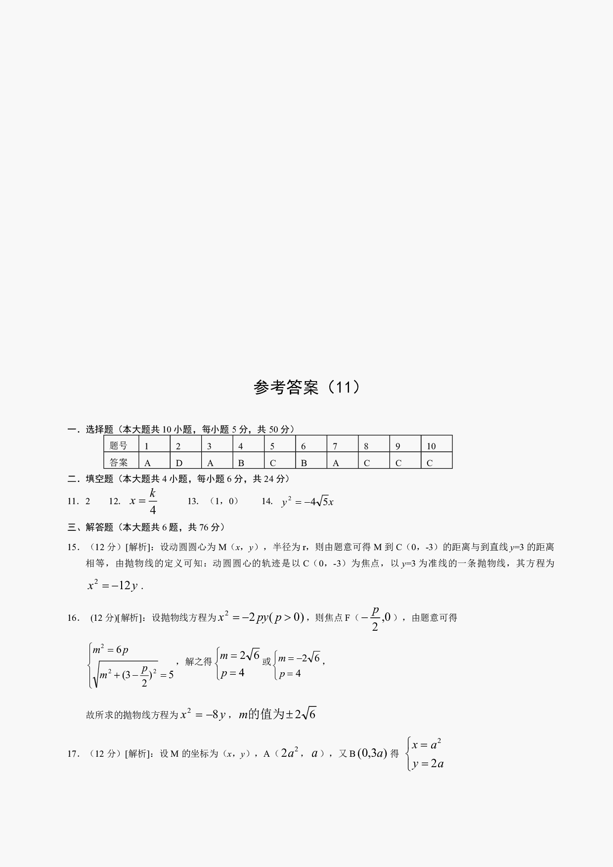 高二级数学抛物线测试及答案.pdf