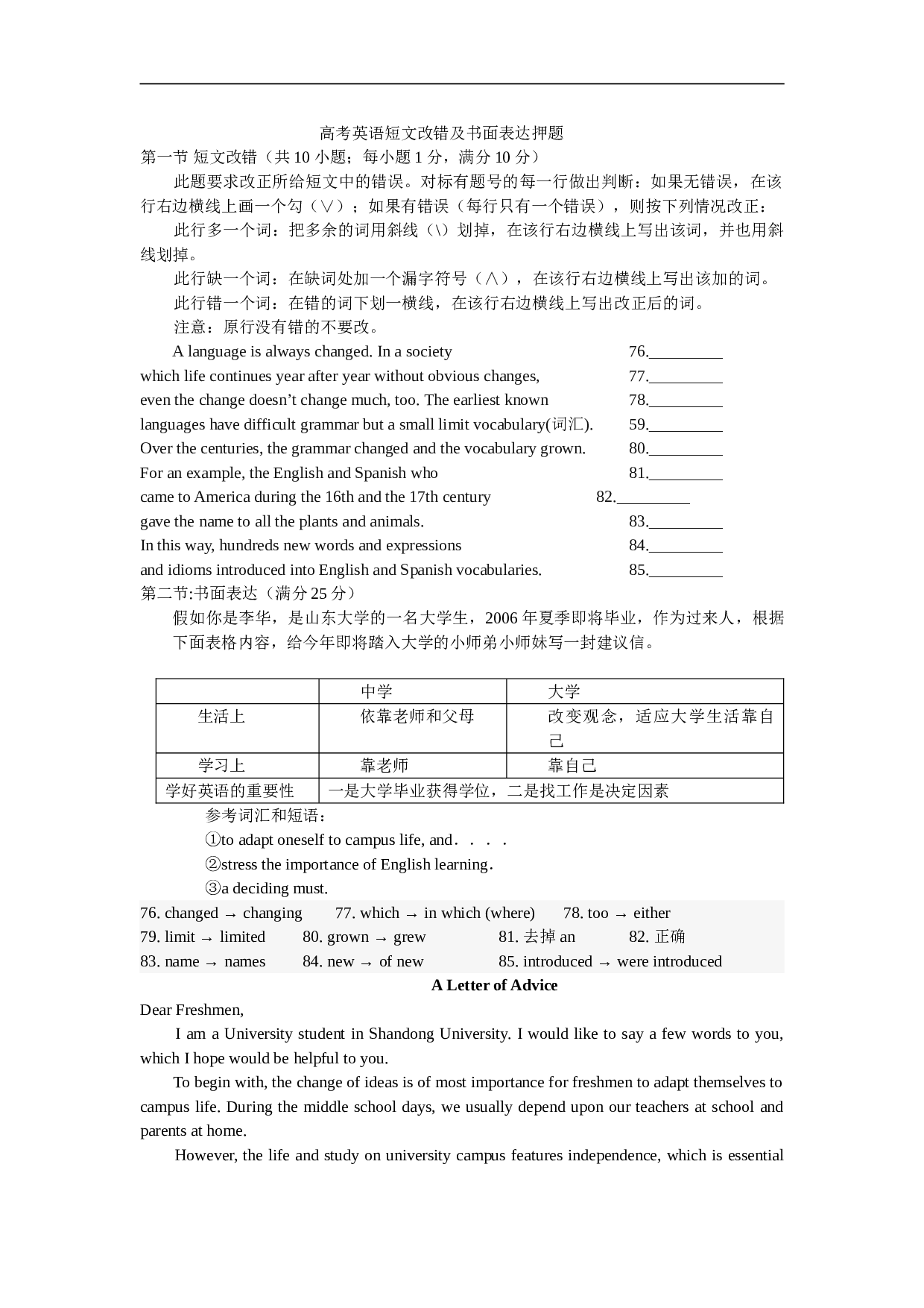 高考英语短文改错及书面表达押题.doc