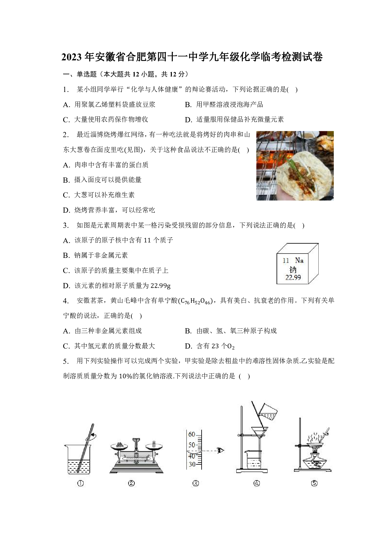 2023年安徽省合肥市第四十一中九年级中考临考化学试卷.pdf