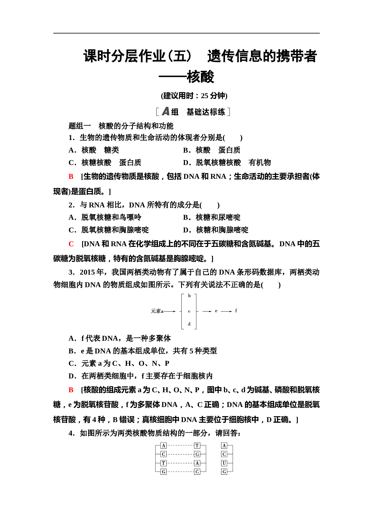 高中人教版生物必修1作业：2.3 遗传信息的携带者&mdash;&mdash;核酸（含参考答案）.doc