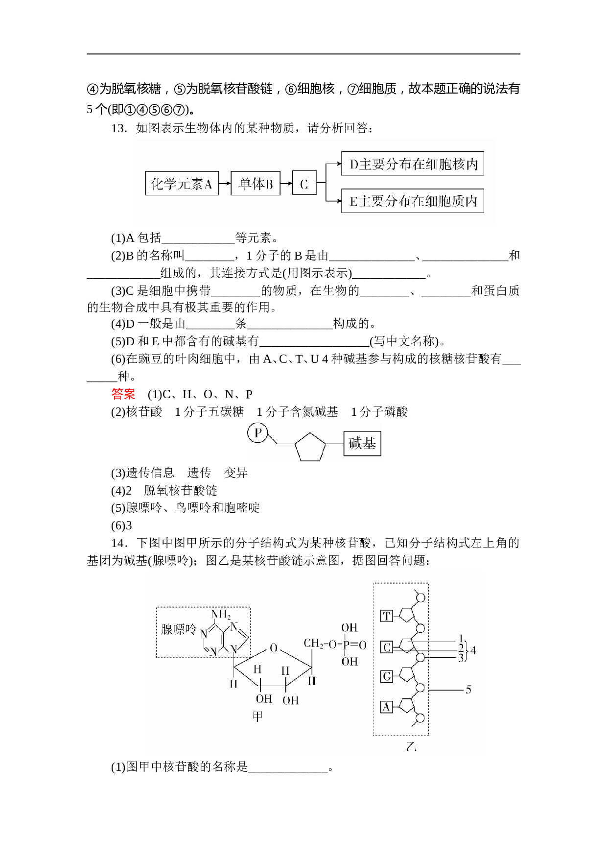 高一上学期生物人教版必修一习题：第2章 第3节 遗传信息的携带者&mdash;&mdash;核酸 课时精练（含参考答案）.doc