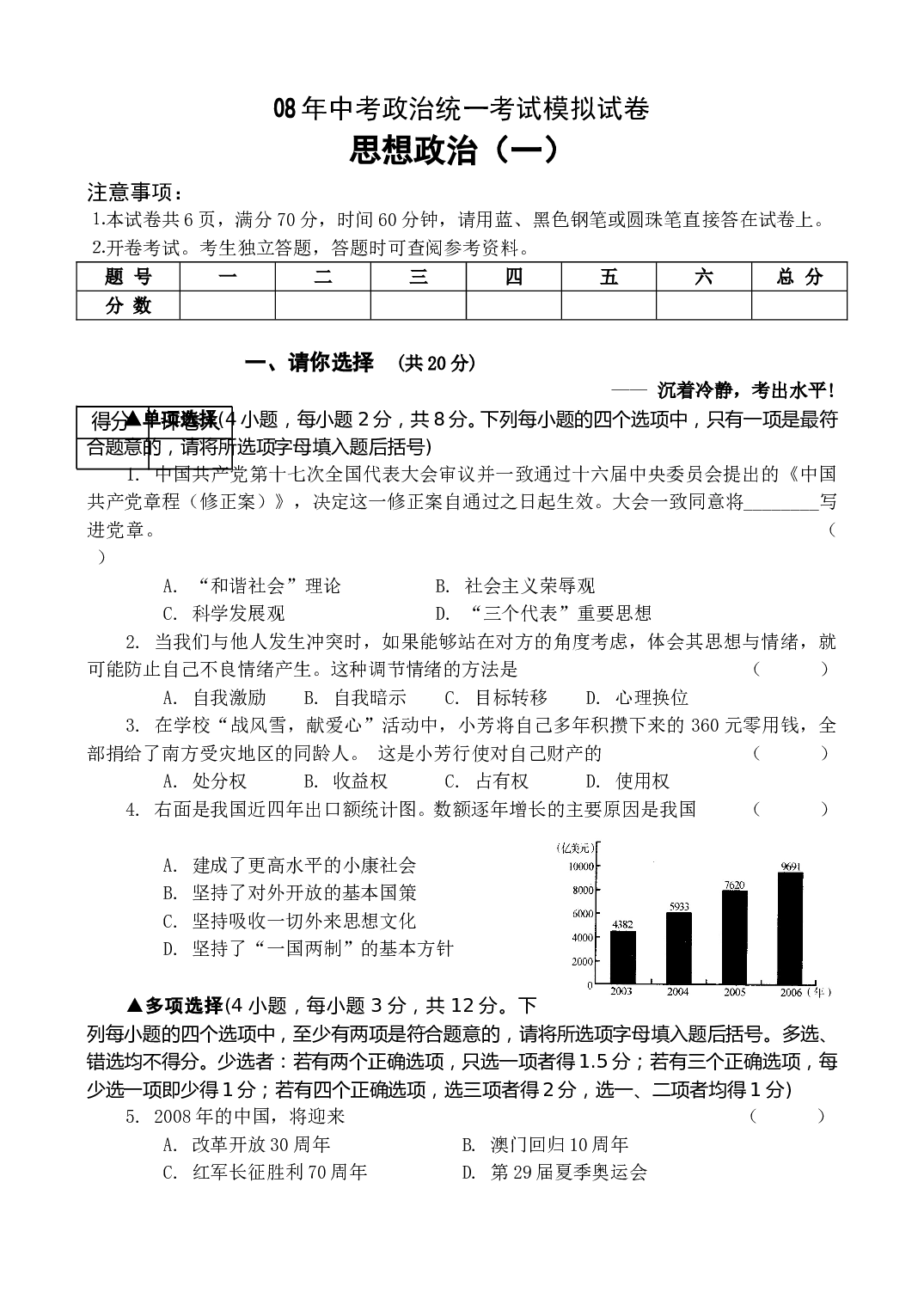 08年中考政治统一考试模拟试卷.doc
