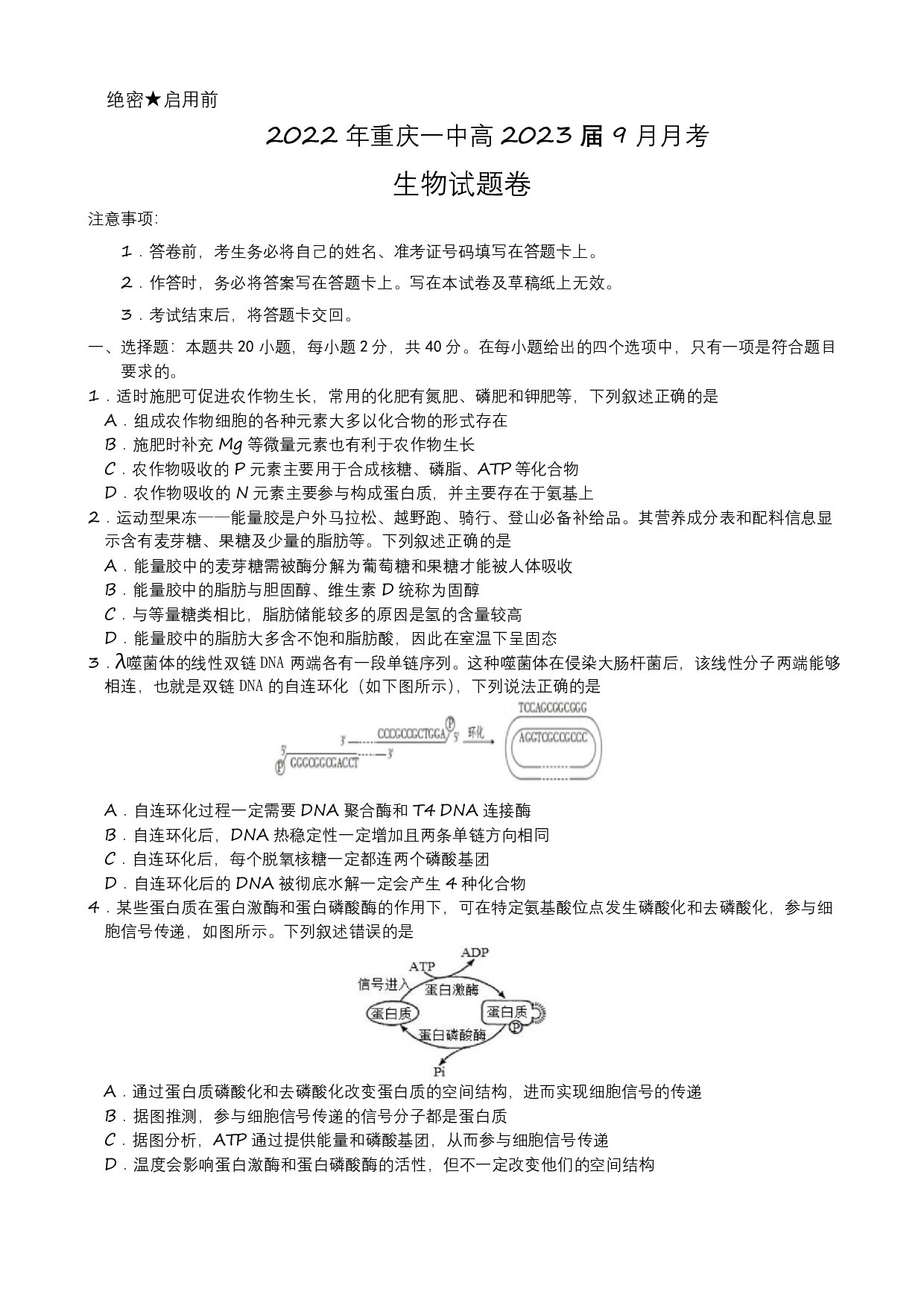 2022年重庆一中高2023届9月月考生物试题卷