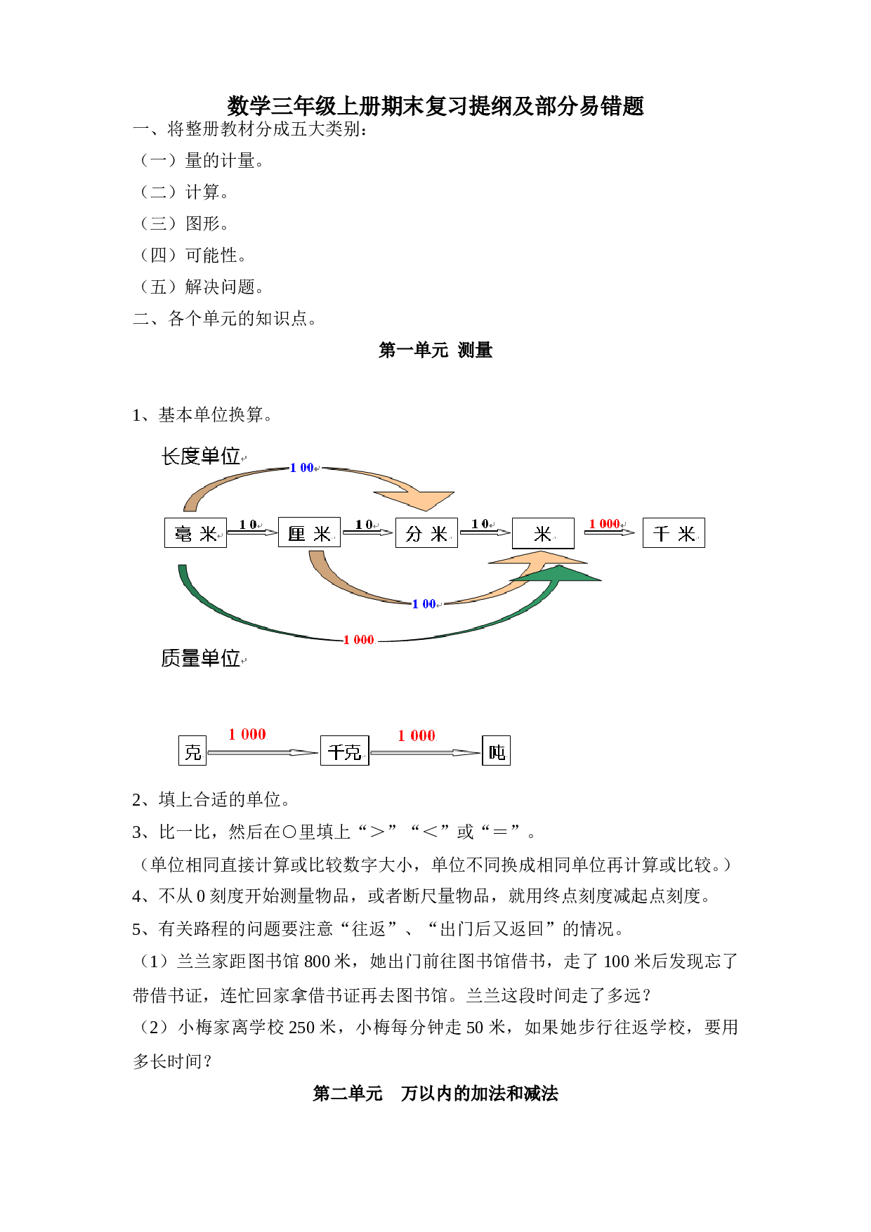 北师大版三年级数学上册 期末复习提纲及部分易错题 5页.doc