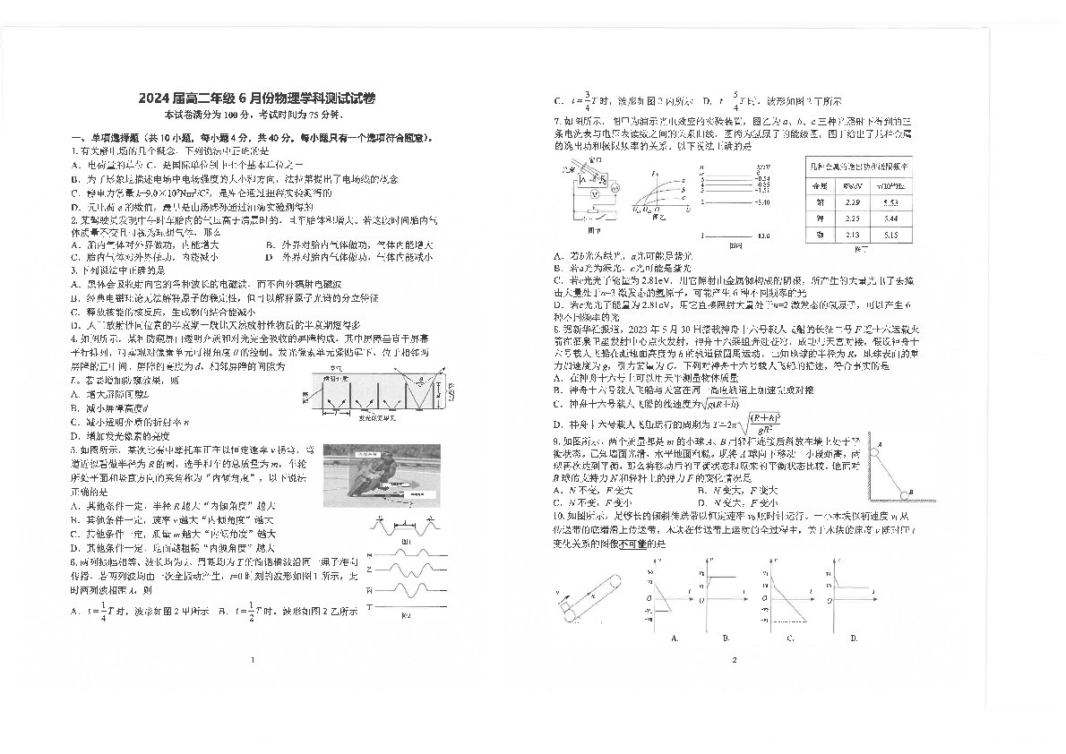 江苏省四所百强中学2022-2023学年高二下学期6月月考物理试题（PDF版含答案）.pdf