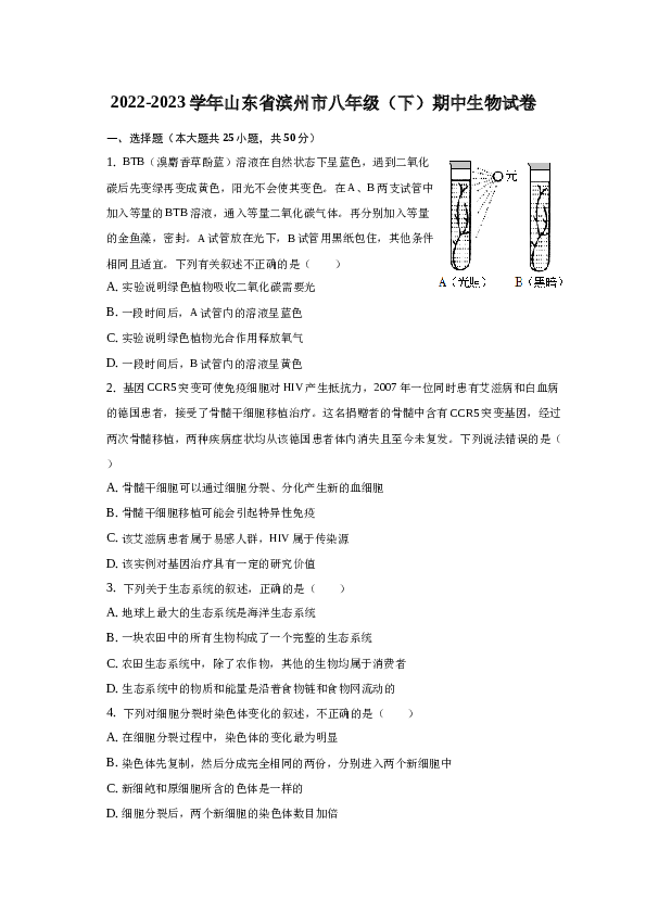 2022-2023学年山东省滨州市八年级（下）期中生物试卷.docx