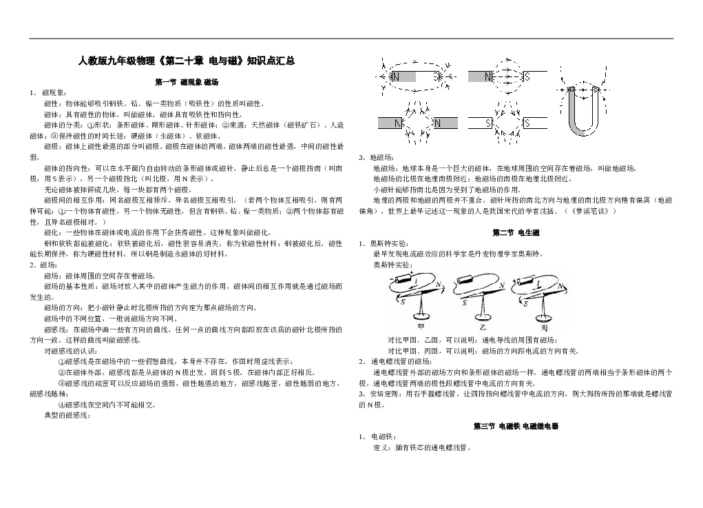 人教版九年级物理《第二十章-电与磁》知识点汇总.doc
