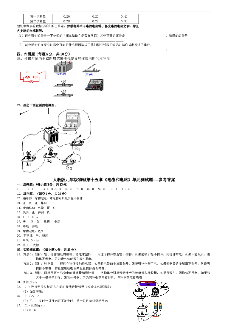 人教版九年级物理第十五章电流和电路单元测试题及答案.doc