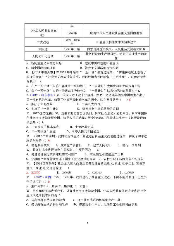 广东省江门市新会区创新中学2017-2018学年八年级下册第二单元社会主义制度的建立与社会主义建设的探索期末综合复习题（有答案）.docx