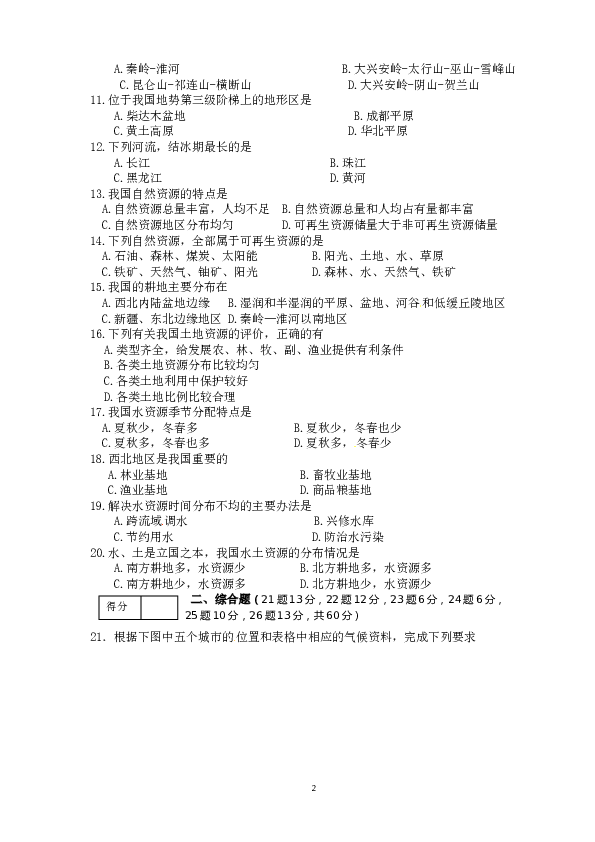 辽宁省建平县2012-2013学年八年级上学期期末考试地理试题.doc