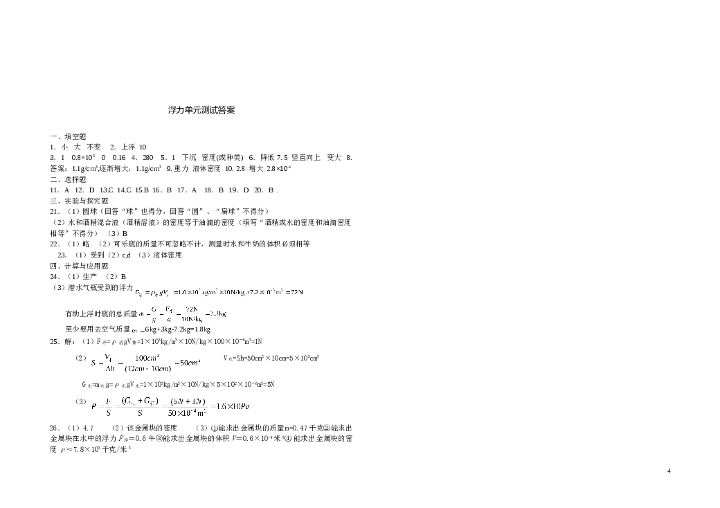 八年级物理浮力单元测试题.doc