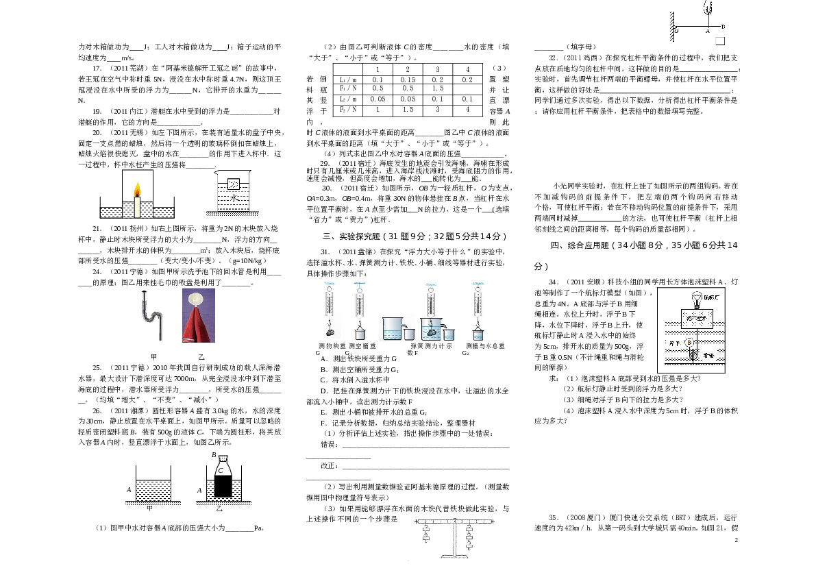 人教版初二物理下册期末试卷及答案.doc