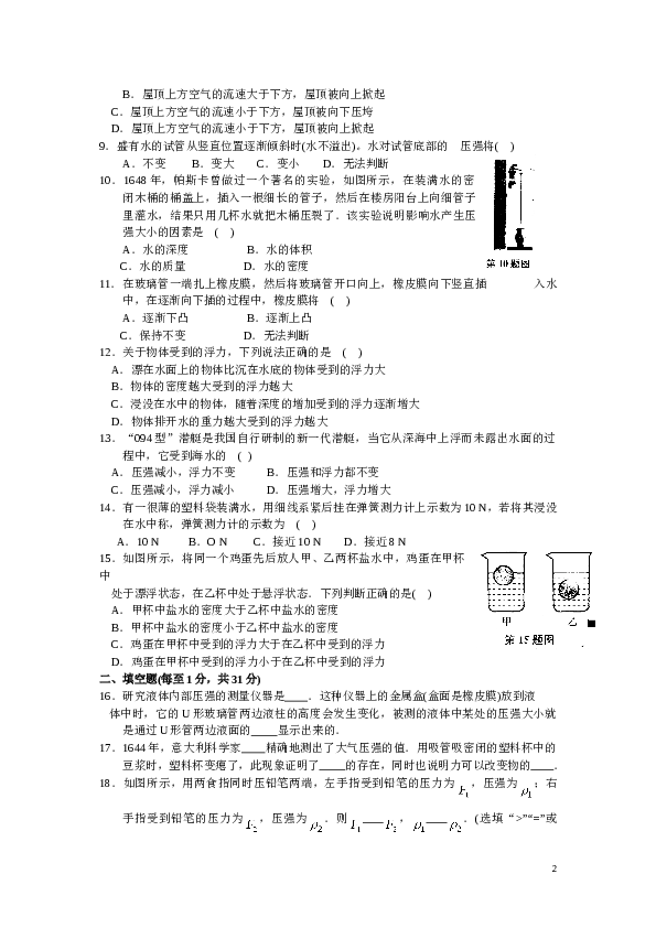 物理八年级下册第十单元_压强与浮力_综合测试卷(A)含答案.doc